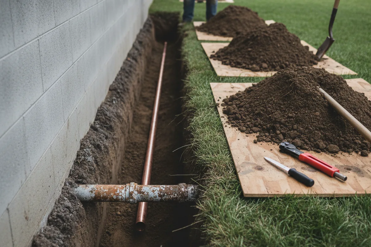 Excavated water line trench during Water Heater Repair in Wann